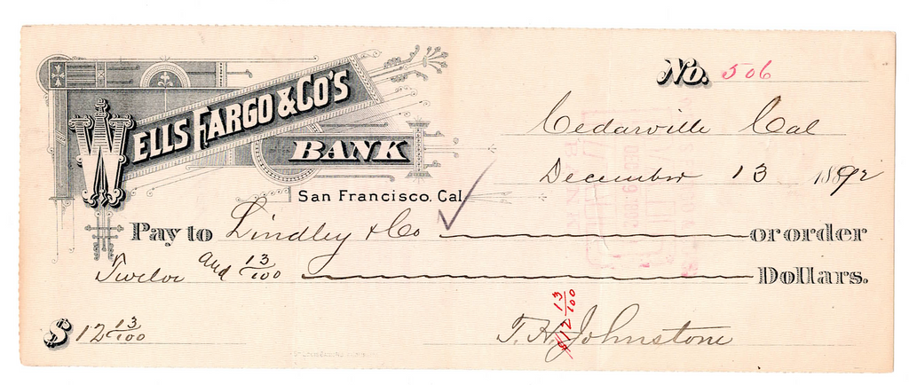 EARLY WELLS FARGO BANK CALIFORNIA CHECK SAN FRANCISCO 1892