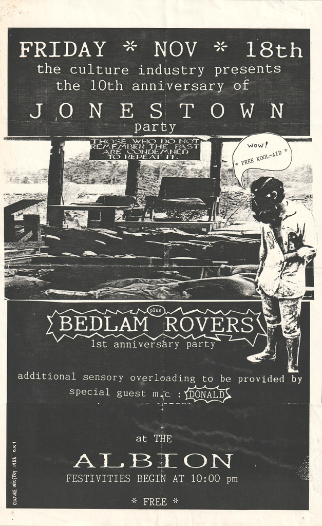1988 “JONESTOWN 10TH ANNIVERSARY” PUNK POSTER – CULTURE INDUSTRY BEDLAM ROVERS SAN FRANCISCO THE ALBION