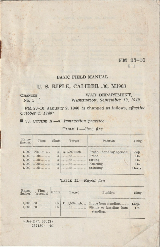 WWII FIELD MANUAL FM 23-10 C 1 BASIC FIELD MANUAL U.S. RIFLE, CALIBER .30, M1903