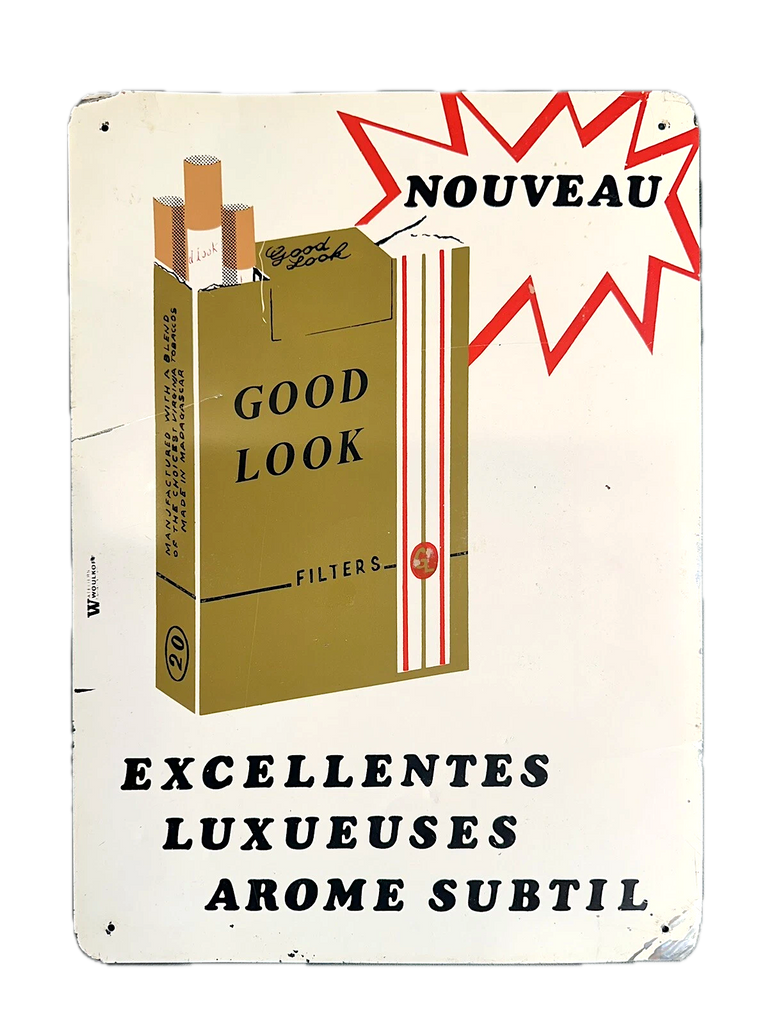 VINTAGE GOOD LOOK CIGARETTES TIN LITHOGRAPH ADVERTISING SIGN 1950S FRANCE