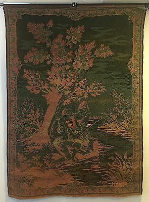 LARGE VICTORIAN EMBROIDERED TAPESTRY WALL HANGING BOY GIRL FISHING 64 X 48 - arustocracy