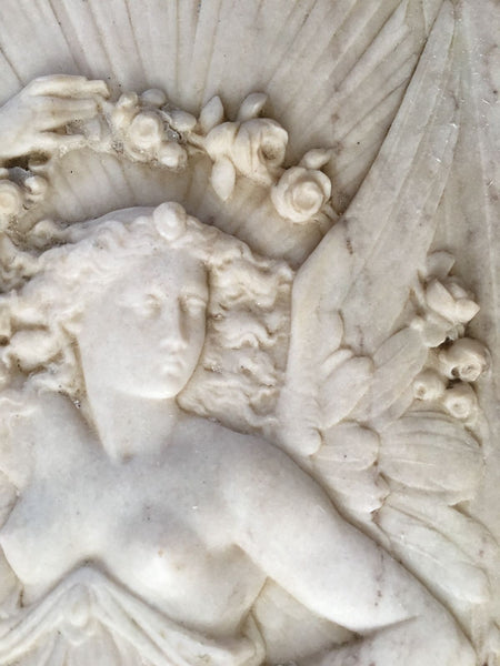 CARVED MARBLE NEOCLASSICAL PLAQUE FRIEZE FLORA ROMAN GODDESS SPRING CHERUB ROSES - arustocracy