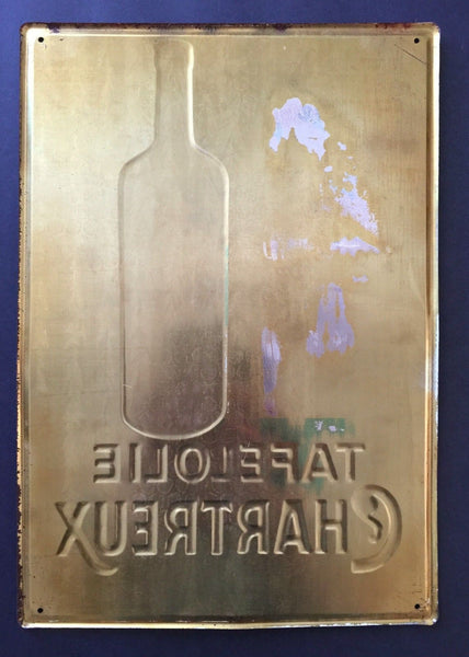 VINTAGE BELGIAN EMBOSSED METAL SIGN CHARTREUX TABLE OIL, GREAT GRAPHICS & COLORS - arustocracy