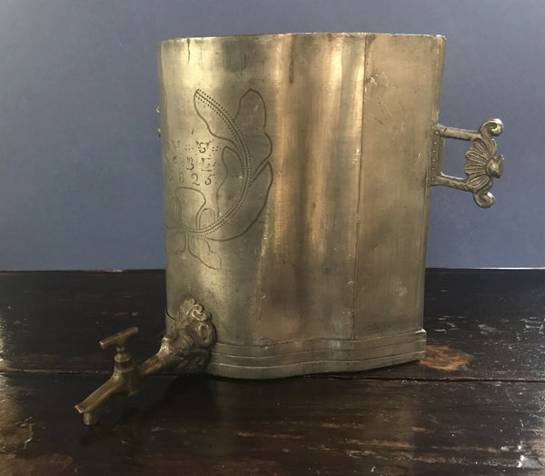 1825 ENGRAVED PEWTER LAVABO WATER RECEPTACLE BRONZE HANDLES FIGURAL FAUCET