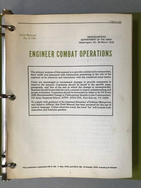 ORIGINAL U.S. ARMY ENGINEER COMBAT OPERATIONS MANUAL FM 5-100 - arustocracy