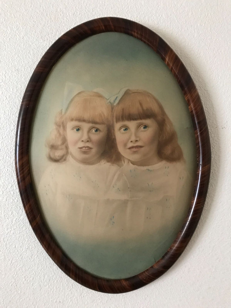 Antique Water Color Two Odd Looking Girls Oval Tiger Stripe Wood Frame Convex Glass - arustocracy