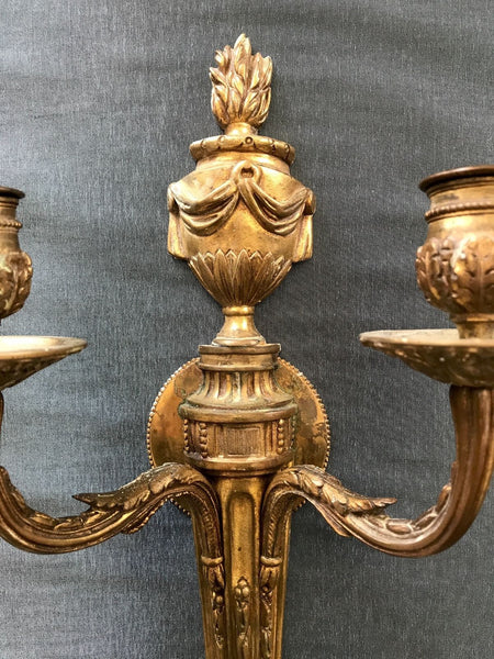 PAIR 19TH CENTURY GILT BRONZE DORE FRENCH LOUIS XVI STYLE TWO LIGHT SCONCES - arustocracy