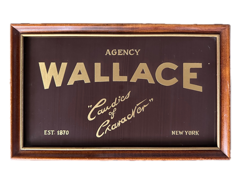 VINTAGE WALLACE CHOCOLATE COMPANY REVERSE PAINTED GLASS SIGN - NEW YORK C. 1895