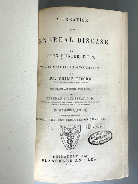 A TREATISE ON THE VENEREAL DISEASE 1859 JOHN HUNTER PHILIP RICORD