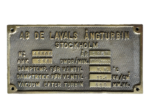 VINTAGE 1959 DE LAVALS STOCKHOLM SWEDEN STEAM TURBINE SHIP BUILDERS BRASS PLAQUE NAMEPLATE