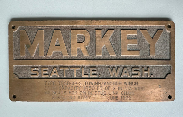 LARGE MARKEY SEATTLE ANCHOR TOWING WINCH COPPER BRASS SHIP BUILDER PLAQUE 1972