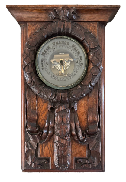 ANTIQUE 1914 BLACK FOREST STYLE ORNATELY CARVED EDUCATIONAL SCHOOL BAROMETER