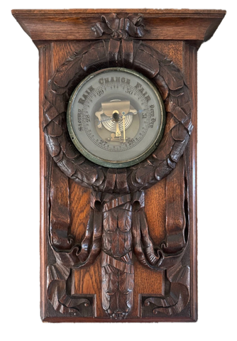 ANTIQUE 1914 BLACK FOREST STYLE ORNATELY CARVED EDUCATIONAL SCHOOL BAROMETER