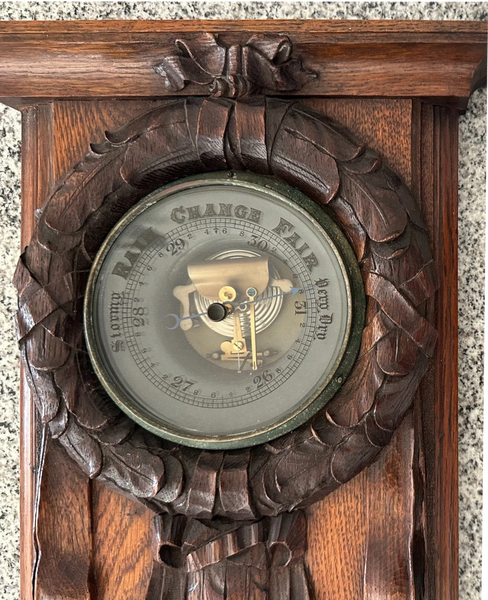 ANTIQUE 1914 BLACK FOREST STYLE ORNATELY CARVED EDUCATIONAL SCHOOL BAROMETER