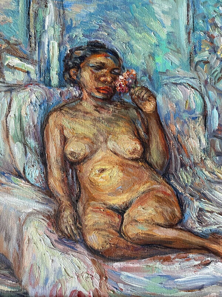 ERNST LOUIZOR IMPRESSIONIST OIL PAINTING ON CANVAS PORTRAIT OF A NUDE WOMAN  LISTED HAITIAN ARTIST