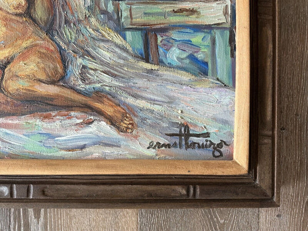 ERNST LOUIZOR IMPRESSIONIST OIL PAINTING ON CANVAS PORTRAIT OF A NUDE WOMAN  LISTED HAITIAN ARTIST