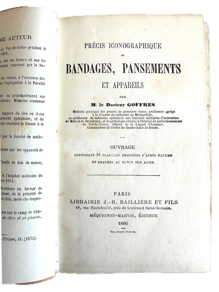 1866 PRÉCIS ICONOGRAPHIQUE BANDAGES PANSEMENTS ET APPAREILS M. LE DOCTEUR GOFFRES FRENCH MEDICAL TEXT