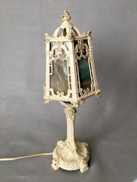 ANTIQUE BOUDOIR ART NOUVEAU CAST METAL TABLE LAMPS SLAG GLASS SHADE ACORN FINIAL - arustocracy