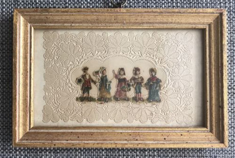 FOUR MINIATURE FRAMED ORIGINAL VICTORIAN CUTOUTS CHILDREN WITH FLOWERS - arustocracy