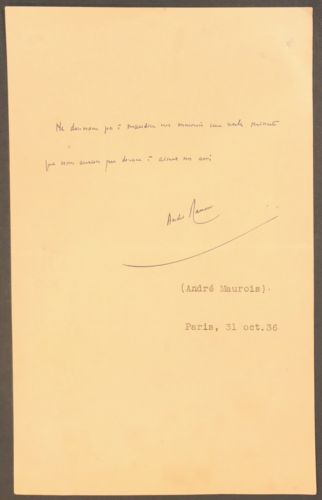 AUTOGRAPH HAND WRITTEN NOTE SIGNED ANDRE MAUROIS FRENCH AUTHOR ALS PARIS 1936 - arustocracy