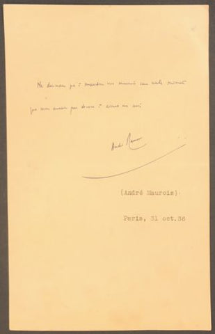 AUTOGRAPH HAND WRITTEN NOTE SIGNED ANDRE MAUROIS FRENCH AUTHOR ALS PARIS 1936 - arustocracy