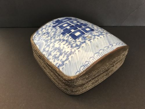 Very Large Antique Chinese Blue and White Porcelain Shard in Silver Plated Box - arustocracy