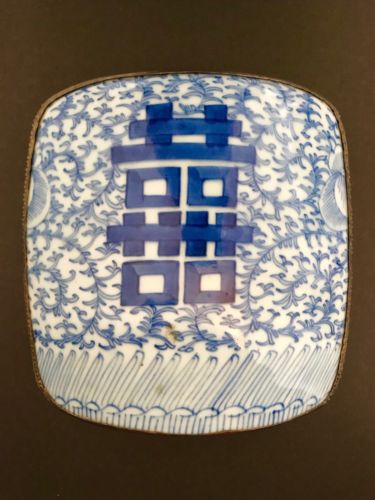 Very Large Antique Chinese Blue and White Porcelain Shard in Silver Plated Box - arustocracy