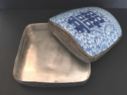 Very Large Antique Chinese Blue and White Porcelain Shard in Silver Plated Box - arustocracy