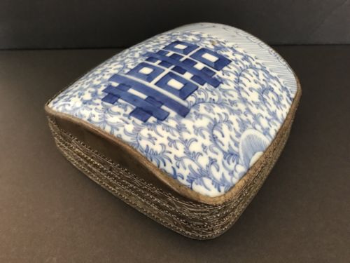 Very Large Antique Chinese Blue and White Porcelain Shard in Silver Plated Box - arustocracy