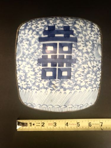 Very Large Antique Chinese Blue and White Porcelain Shard in Silver Plated Box - arustocracy