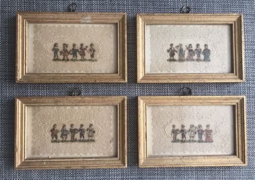 FOUR MINIATURE FRAMED ORIGINAL VICTORIAN CUTOUTS CHILDREN WITH FLOWERS - arustocracy