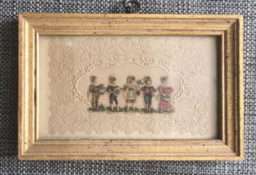FOUR MINIATURE FRAMED ORIGINAL VICTORIAN CUTOUTS CHILDREN WITH FLOWERS - arustocracy