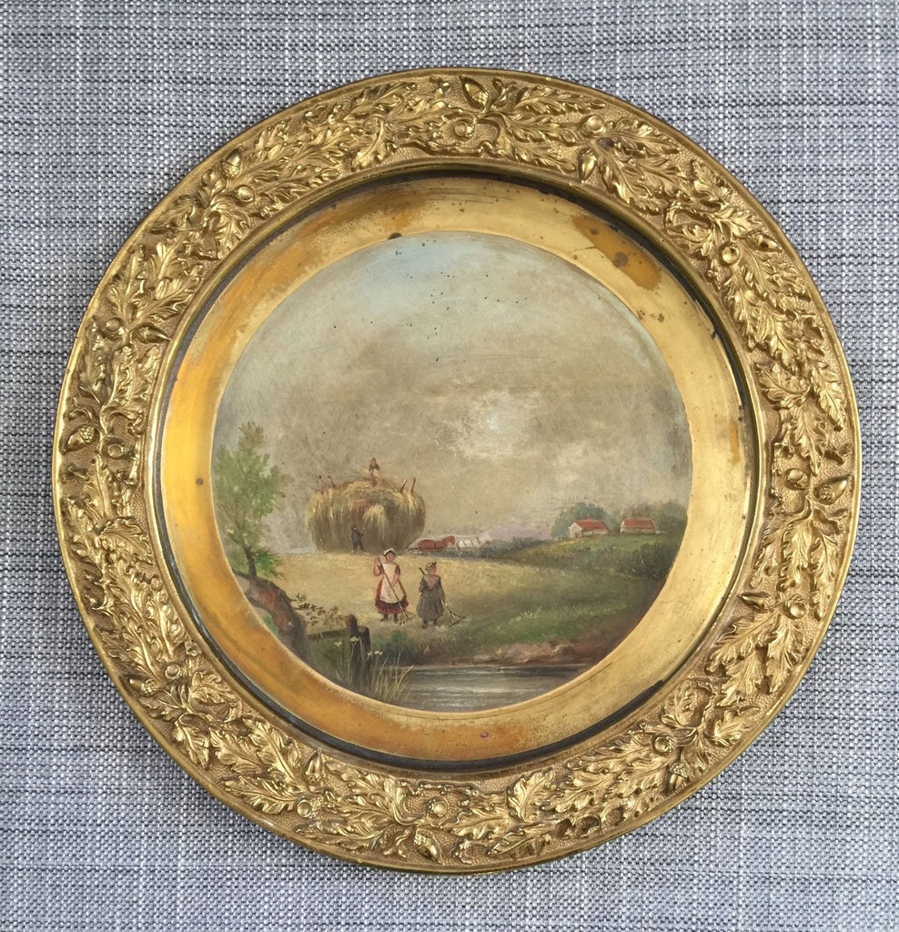 MID-19TH CENTURY ENGLISH BRASS CABINET PLATE HAND PAINTED LANDSCAPE - arustocracy