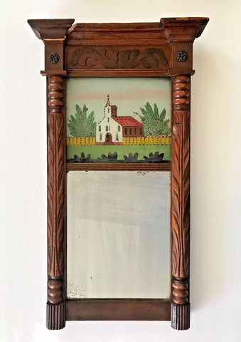 FOLK ART REVERSE PAINTED GLASS MIRROR PRIMITIVE CHURCH OR MISSION SCENE C. 1900 - arustocracy
