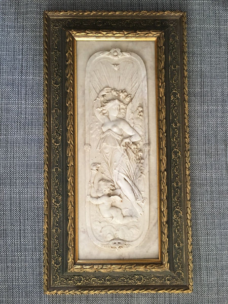 CARVED MARBLE NEOCLASSICAL PLAQUE FRIEZE FLORA ROMAN GODDESS SPRING CHERUB ROSES - arustocracy