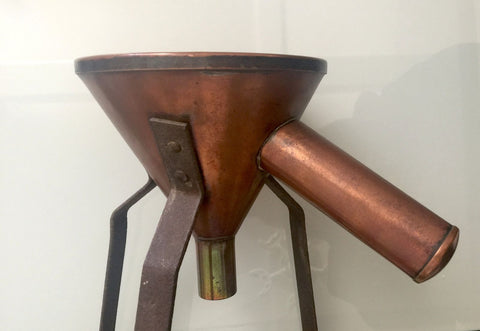 VINTAGE COPPER BUCHNER FILTERING LAB FUNNEL ON CAST IRON LEGS C. 1910 - arustocracy