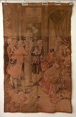 LARGE VICTORIAN EMBROIDERED TAPESTRY WALL HANGING COURT SCENE 60 X 36 - arustocracy