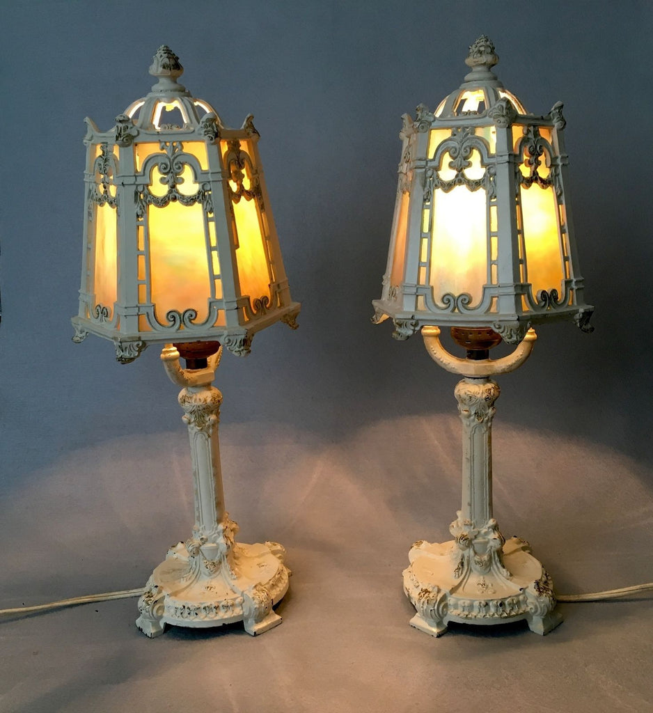 ANTIQUE BOUDOIR ART NOUVEAU CAST METAL TABLE LAMPS SLAG GLASS SHADE ACORN FINIAL - arustocracy