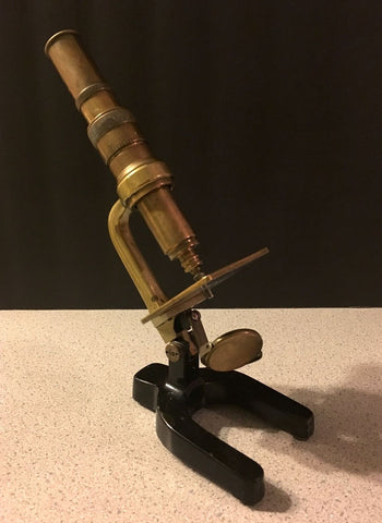 ANTIQUE C. 1885 EMIL BUSCH BRASS MONOCULAR MICROSCOPE UNUSUAL DRAW TUBE FOCUS - arustocracy