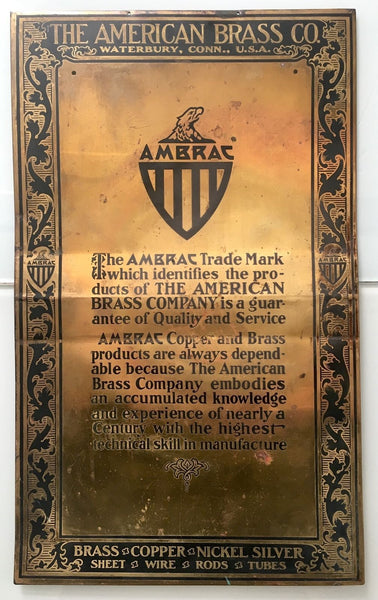 ORIGINAL 1920S BRASS EMBOSSED ART DECO TRADE SIGN AMERICAN BRASS COMPANY AMBRAC - arustocracy