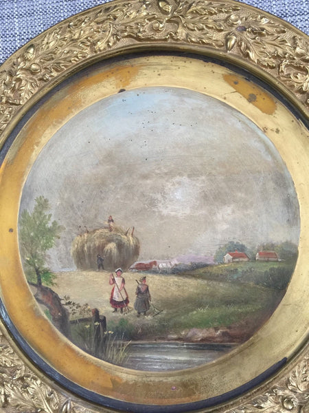 MID-19TH CENTURY ENGLISH BRASS CABINET PLATE HAND PAINTED LANDSCAPE - arustocracy