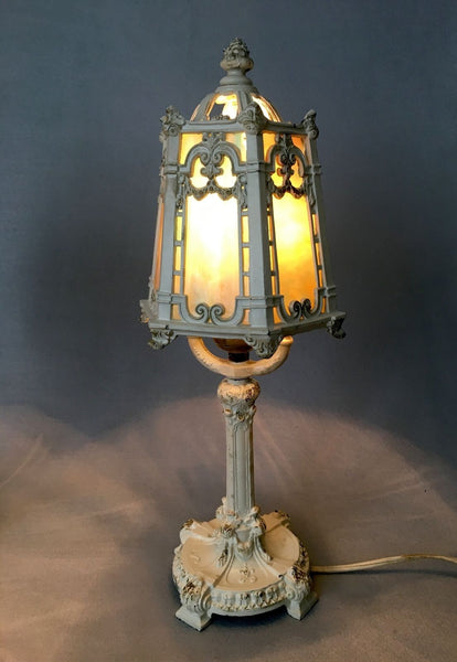 ANTIQUE BOUDOIR ART NOUVEAU CAST METAL TABLE LAMPS SLAG GLASS SHADE ACORN FINIAL - arustocracy