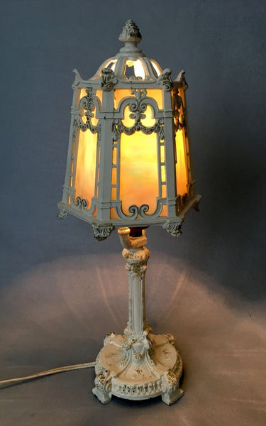 ANTIQUE BOUDOIR ART NOUVEAU CAST METAL TABLE LAMPS SLAG GLASS SHADE ACORN FINIAL - arustocracy