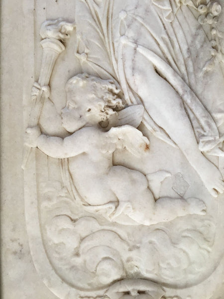 CARVED MARBLE NEOCLASSICAL PLAQUE FRIEZE FLORA ROMAN GODDESS SPRING CHERUB ROSES - arustocracy
