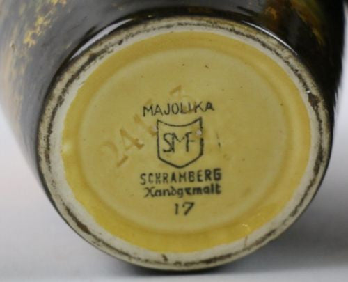 C. 1919 SCHRAMBERG MAJOLIKA SET PITCHER CUPS SHOT GLASSES VASE SMF HANDGEMALT - arustocracy