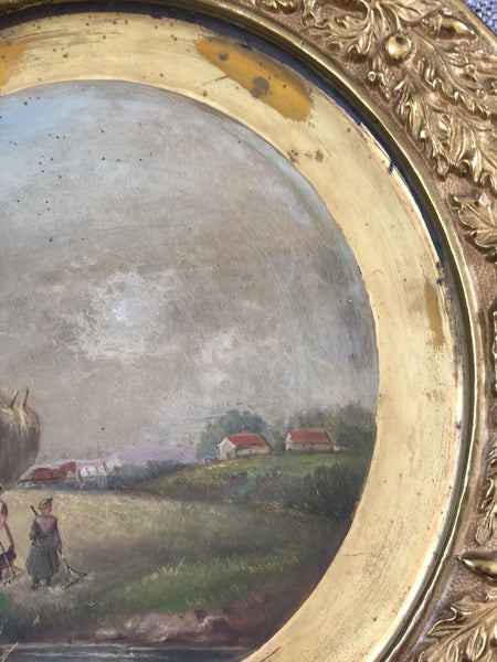 MID-19TH CENTURY ENGLISH BRASS CABINET PLATE HAND PAINTED LANDSCAPE - arustocracy