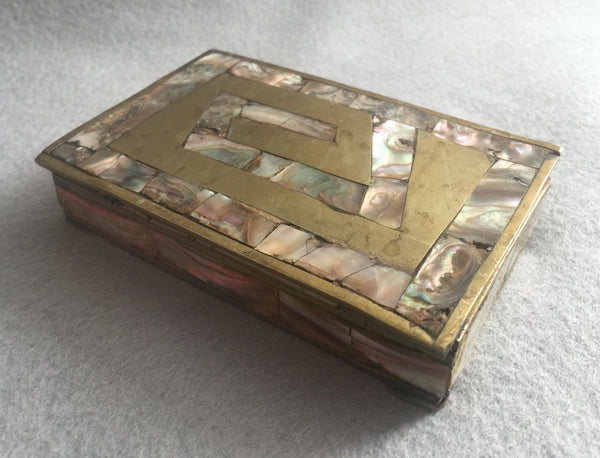 VINTAGE ALPACA ABALONE MEXICO INLAID TRINKET BOX OR CIGARETTE CASE 1950S - arustocracy