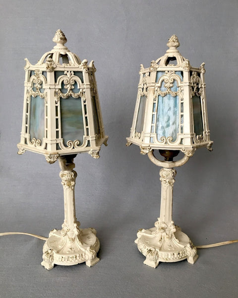 ANTIQUE BOUDOIR ART NOUVEAU CAST METAL TABLE LAMPS SLAG GLASS SHADE ACORN FINIAL - arustocracy