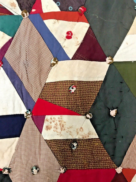 ANTIQUE VINTAGE CRAZY QUILT GREAT COLORS & FABRICS GEOMETRIC SHAPES - arustocracy
