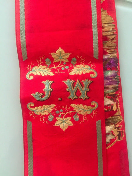 ANTIQUE SILK JACQUARD EMBROIDERED ORDER OF FORESTERS SILK SASH STEVENS GRAPH - arustocracy